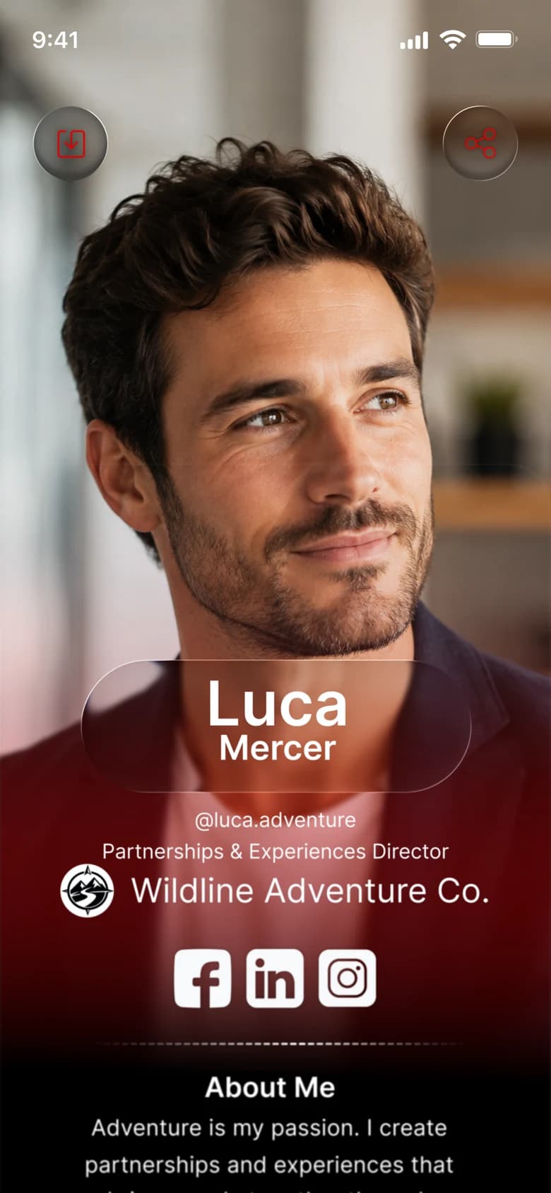 Design preview. A public profile: Luca Mercer, Partnerships and Experiences Director