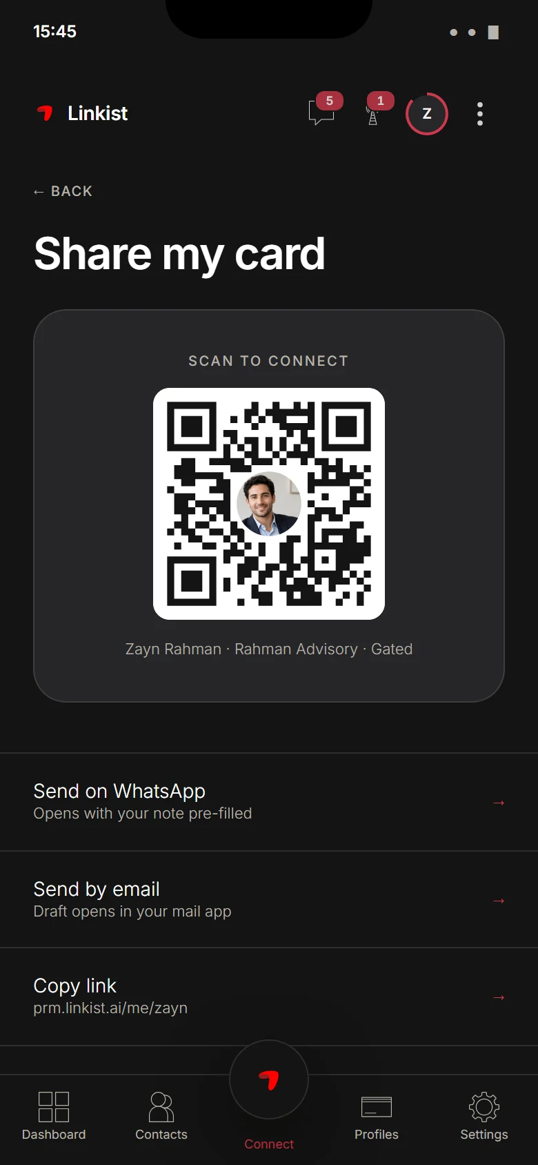 Design preview. Share my card: your QR code, then WhatsApp, email and the copy link